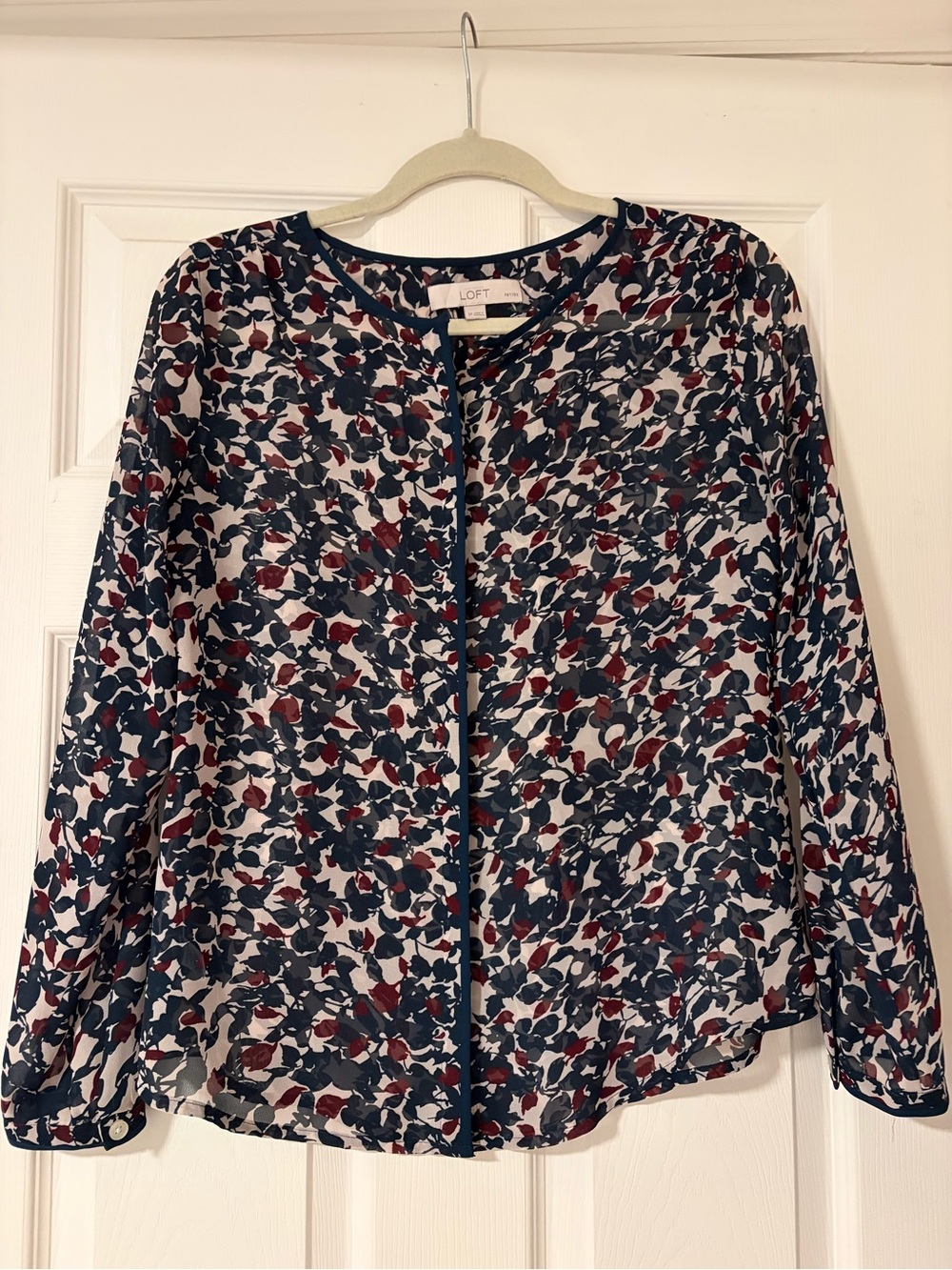 LOFT Navy, White & Burgundy Floral-Print Long Sleeve Blouse